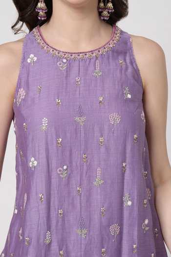 Shop_KAPAAS_Purple Organza, Chanderi Round Neck Lilac Embroidered Kurta Sharara Set 