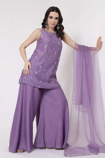 KAPAAS_Purple Organza, Chanderi Round Neck Lilac Embroidered Kurta Sharara Set _Online