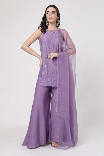 Buy_KAPAAS_Purple Organza, Chanderi Round Neck Lilac Embroidered Kurta Sharara Set _at_Aza_Fashions