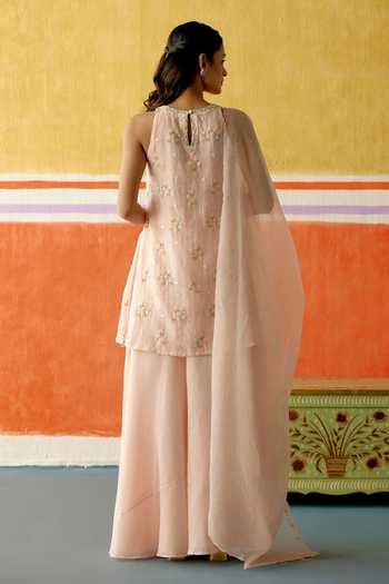 Shop_KAPAAS_Pink Organza, Chanderi Keyhole Neck Pankhudi Embroidered Kurta Sharara Set _at_Aza_Fashions