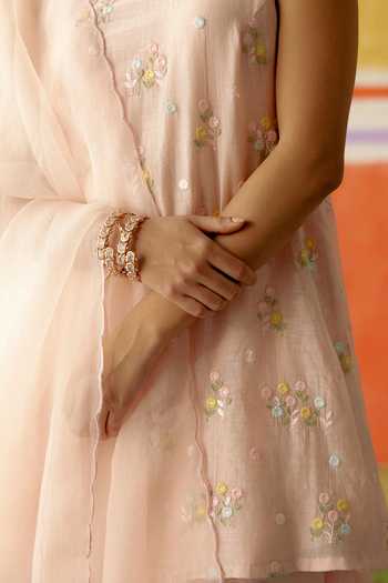 Buy_KAPAAS_Pink Organza, Chanderi Keyhole Neck Pankhudi Embroidered Kurta Sharara Set 