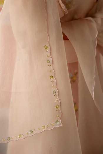 KAPAAS_Pink Organza, Chanderi Round Neck Pankhudi Embroidered Kurta Set _Online_at_Aza_Fashions