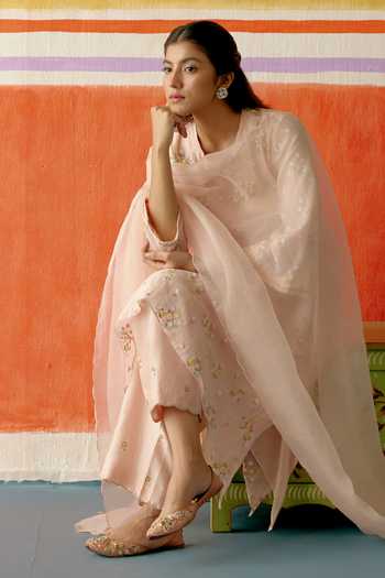 Buy_KAPAAS_Pink Organza, Chanderi Round Neck Pankhudi Embroidered Kurta Set 