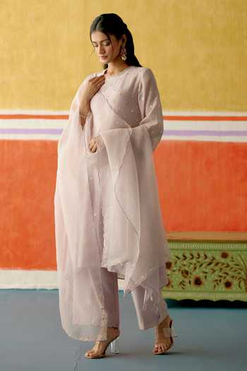 Buy_KAPAAS_Purple Organza, Chanderi, Muslin Round Neck Kamal Frill Long Kurta Set _at_Aza_Fashions