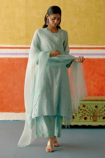 Buy_KAPAAS_Blue Organza, Chanderi Round Neck Embroidered Kurta Pant Set _at_Aza_Fashions