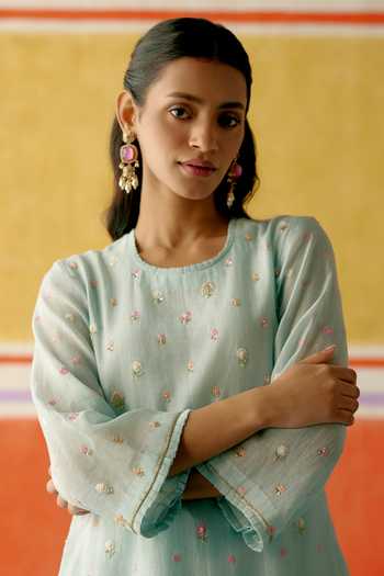 Buy_KAPAAS_Blue Organza, Chanderi Round Neck Embroidered Kurta Pant Set _Online_at_Aza_Fashions