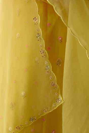 KAPAAS_Yellow Organza, Chanderi, Muslin (mulmul) Round Neck Hand Embroidered Kurta Set _Online_at_Aza_Fashions