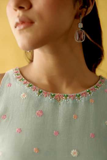 KAPAAS_Blue Organza, Chanderi Round Neck Neelam Embroidered Kurta Sharara Set _at_Aza_Fashions