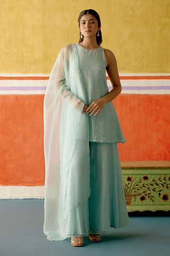 Buy_KAPAAS_Blue Organza, Chanderi Round Neck Neelam Embroidered Kurta Sharara Set _at_Aza_Fashions