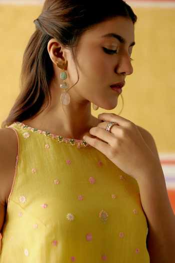 Buy_KAPAAS_Yellow Organza, Muslin (mulmul), Chanderi Kesari Sleeveless Kurta Sharara Set _Online_at_Aza_Fashions