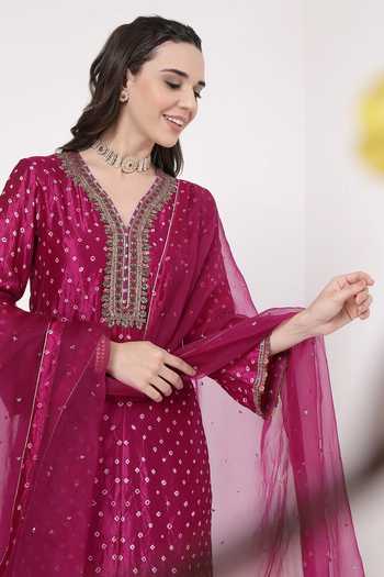 KAPAAS_Fuchsia Silk, Organza, Tissue V-neck Violet Bandhani Kurta Salwar Set _Online_at_Aza_Fashions