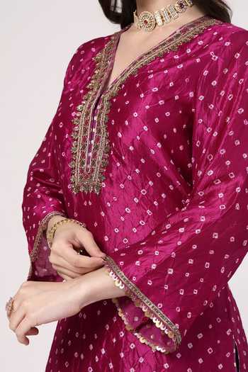 Shop_KAPAAS_Fuchsia Silk, Organza, Tissue V-neck Violet Bandhani Kurta Salwar Set _Online_at_Aza_Fashions