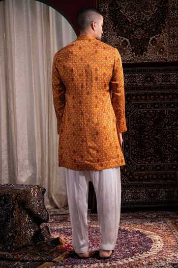 Shop_Char Chaand_Orange Silk, Linen Zari Print Kurta _at_Aza_Fashions