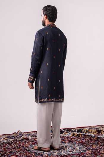 Shop_Char Chaand_Navy Silk, Linen Embroidered Kurta _at_Aza_Fashions