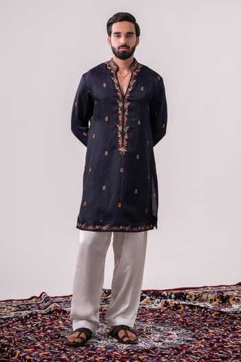 Shop_Char Chaand_Navy Silk, Linen Embroidered Kurta _Online_at_Aza_Fashions
