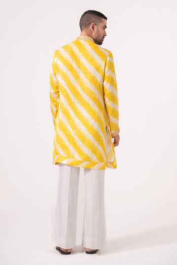 Shop_Char Chaand_Yellow Silk, Satin, Linen Leheriya Print Kurta _at_Aza_Fashions