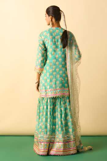 Shop_Gopi Vaid_Aqua Viscose, Net Round Neck Aarzoo Print Kurta Sharara Set _at_Aza_Fashions