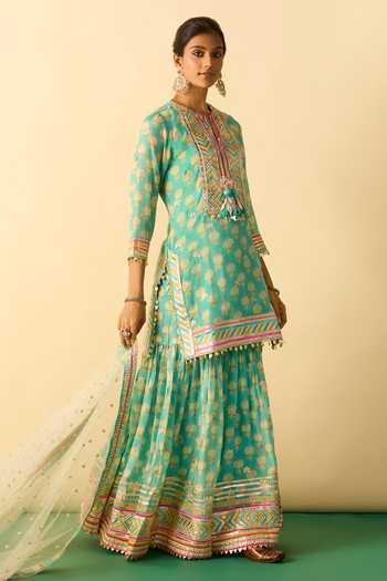 Gopi Vaid_Aqua Viscose, Net Round Neck Aarzoo Print Kurta Sharara Set _Online_at_Aza_Fashions