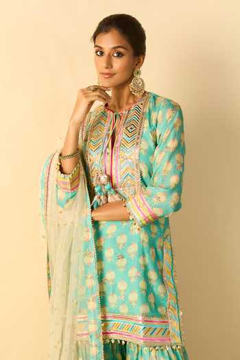 Buy_Gopi Vaid_Aqua Viscose, Net Round Neck Aarzoo Print Kurta Sharara Set _Online_at_Aza_Fashions