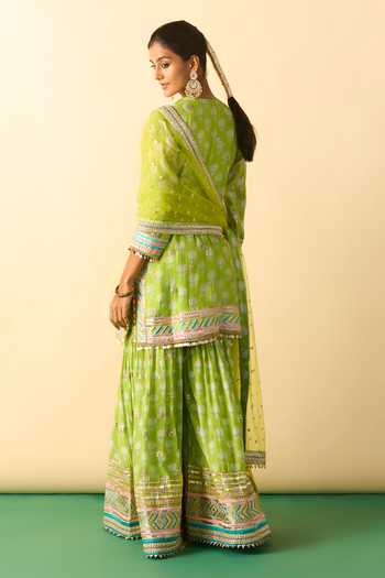 Shop_Gopi Vaid_Lime Viscose, Net Split V-neck, Yes Aarzoo Print Kurta Sharara Set _at_Aza_Fashions