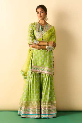 Buy_Gopi Vaid_Lime Viscose, Net Split V-neck, Yes Aarzoo Print Kurta Sharara Set _at_Aza_Fashions