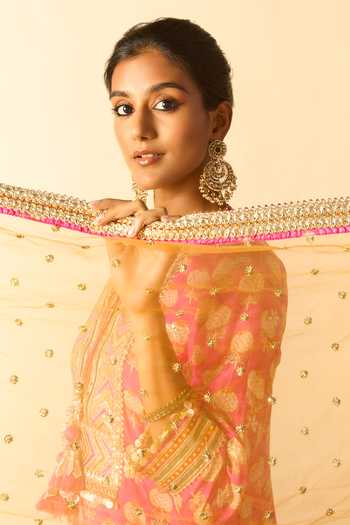 Gopi Vaid_Pink Viscose, Net Round Neck Aarzoo Print Kurta And Flared Sharara Set _Online_at_Aza_Fashions