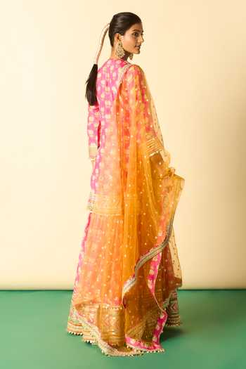 Shop_Gopi Vaid_Pink Viscose, Net Round Neck Aarzoo Print Kurta And Flared Sharara Set _at_Aza_Fashions