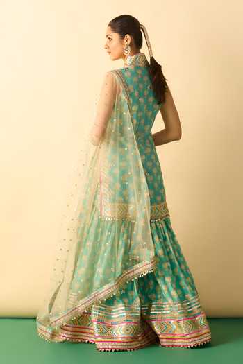 Shop_Gopi Vaid_Aqua Viscose, Net Mandarin Collar, V-neck Aarvi Print Kurta Sharara Set _at_Aza_Fashions