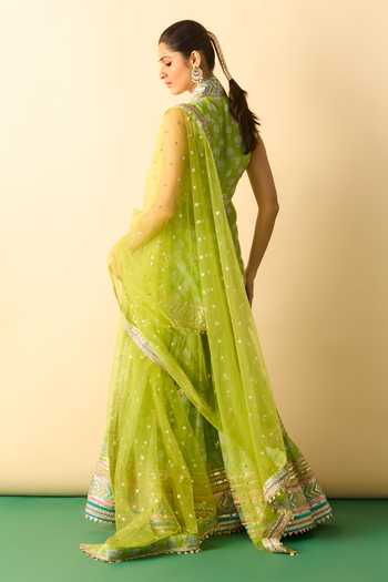 Shop_Gopi Vaid_Lime Viscose, Net Mandarin Collar, Yes Aarvi Print Kurta Sharara Set _at_Aza_Fashions