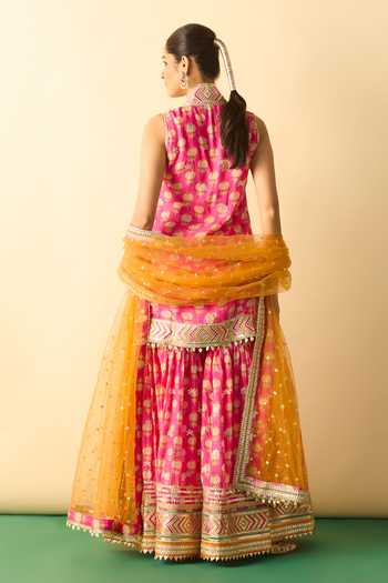 Shop_Gopi Vaid_Pink Viscose, Net V-neck, Yes Aarvi Print Kurta And Flared Sharara Set _at_Aza_Fashions