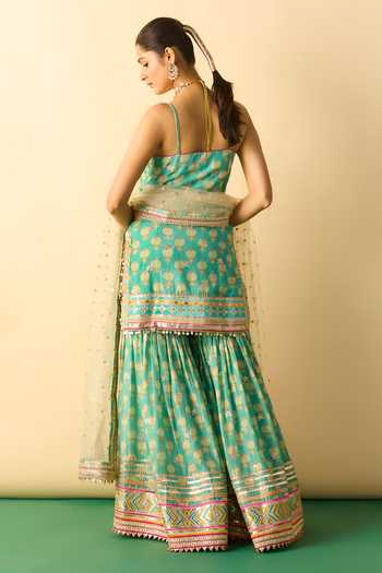 Shop_Gopi Vaid_Aqua Viscose, Net Scoop Neck, Yes Ravina Strappy Kurta Sharara Set _at_Aza_Fashions