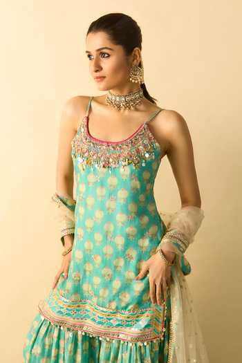 Gopi Vaid_Aqua Viscose, Net Scoop Neck, Yes Ravina Strappy Kurta Sharara Set _Online_at_Aza_Fashions