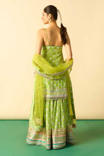 Shop_Gopi Vaid_Green Viscose, Net Scoop Neck Ravina Print Strappy Kurta Sharara Set _at_Aza_Fashions