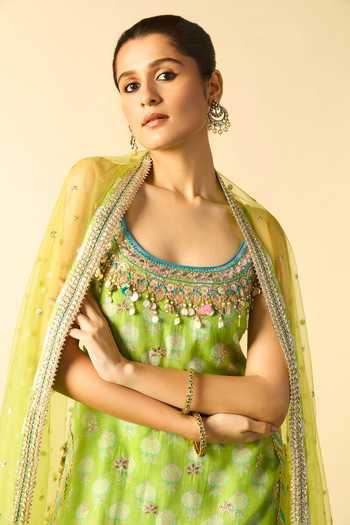 Gopi Vaid_Green Viscose, Net Scoop Neck Ravina Print Strappy Kurta Sharara Set _Online_at_Aza_Fashions