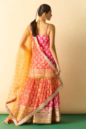 Shop_Gopi Vaid_Pink Viscose, Net Scoop Neck, Yes Ravina Printed Kurta Sharara Set _at_Aza_Fashions
