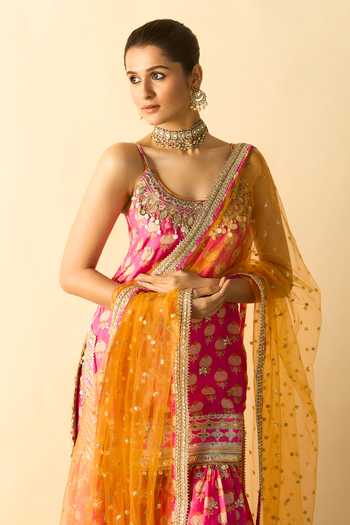 Gopi Vaid_Pink Viscose, Net Scoop Neck, Yes Ravina Printed Kurta Sharara Set _Online_at_Aza_Fashions