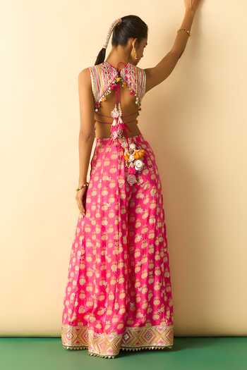Shop_Gopi Vaid_Pink Viscose Mirrors, Tassels High Tara Embroidered Corset And Flared Pant Set _at_Aza_Fashions