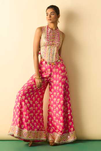 Buy_Gopi Vaid_Pink Viscose Mirrors, Tassels High Tara Embroidered Corset And Flared Pant Set _at_Aza_Fashions