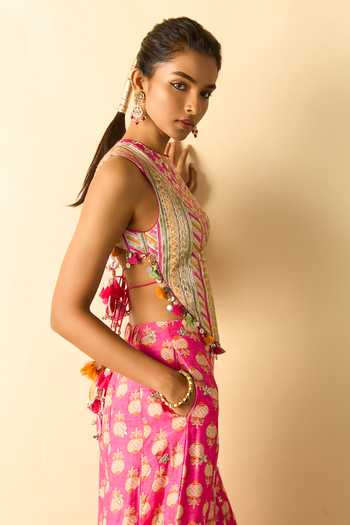 Gopi Vaid_Pink Viscose Mirrors, Tassels High Tara Embroidered Corset And Flared Pant Set _Online_at_Aza_Fashions