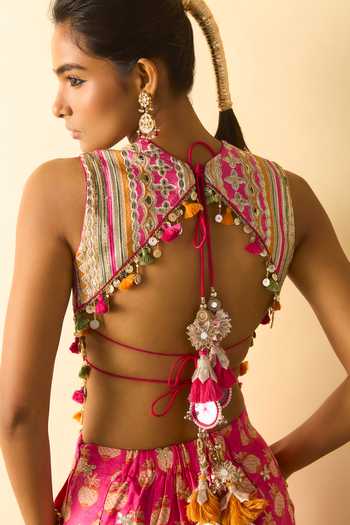 Buy_Gopi Vaid_Pink Viscose Mirrors, Tassels High Tara Embroidered Corset And Flared Pant Set _Online_at_Aza_Fashions
