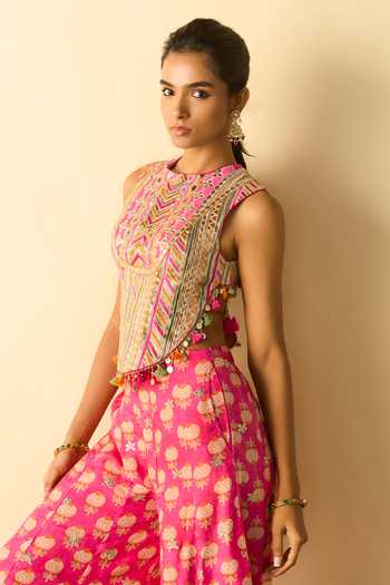 Shop_Gopi Vaid_Pink Viscose Mirrors, Tassels High Tara Embroidered Corset And Flared Pant Set _Online_at_Aza_Fashions