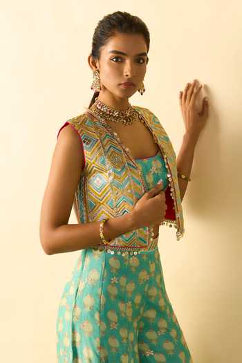Gopi Vaid_Aqua Viscose Gota Patti Open Neck, Eira Embroidered Jacket And Flared Palazzo Set _Online_at_Aza_Fashions