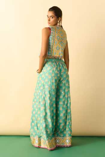 Shop_Gopi Vaid_Aqua Viscose Gota Patti Open Neck, Eira Embroidered Jacket And Flared Palazzo Set _at_Aza_Fashions