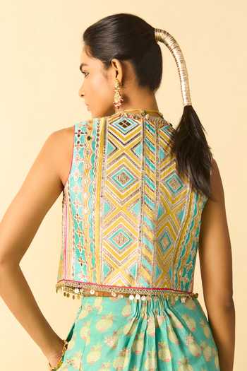 Buy_Gopi Vaid_Aqua Viscose Gota Patti Open Neck, Eira Embroidered Jacket And Flared Palazzo Set _Online_at_Aza_Fashions