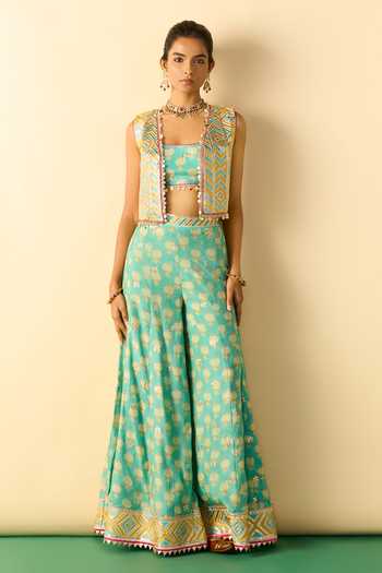 Buy_Gopi Vaid_Aqua Viscose Gota Patti Open Neck, Eira Embroidered Jacket And Flared Palazzo Set _at_Aza_Fashions