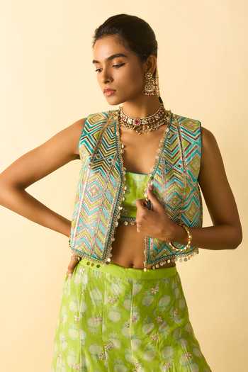 Gopi Vaid_Lime Viscose Scoop Neck Eira Embroidered Jacket And Palazzo Set _Online_at_Aza_Fashions