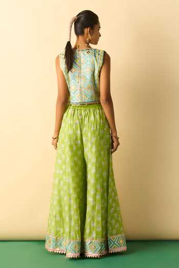 Shop_Gopi Vaid_Lime Viscose Scoop Neck Eira Embroidered Jacket And Palazzo Set _at_Aza_Fashions