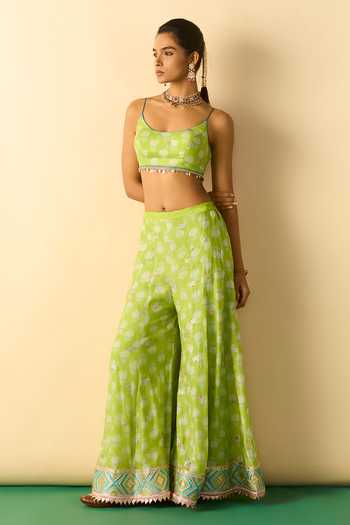Gopi Vaid_Lime Viscose Scoop Neck Eira Embroidered Jacket And Palazzo Set _at_Aza_Fashions