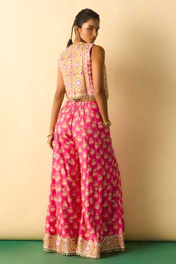 Shop_Gopi Vaid_Pink Viscose Open , Square Eira Embroidered Crop Jacket And Palazzo Set _at_Aza_Fashions