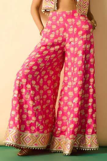 Gopi Vaid_Pink Viscose Open , Square Eira Embroidered Crop Jacket And Palazzo Set _Online_at_Aza_Fashions